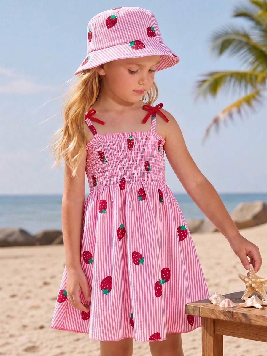 SHEIN Girls' Strawberry Print Sleeveless Dress,Pastel Pink Pink & White Striped Pattern,Summer Beach Holiday Sweet & Lively For Spring/Summer Outings - Pink - View 1