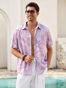 Mercer Haus Vintage Hawaii Blatt- & Blumen 3D Digital Muster Oversized, locker sitzende, leichte Kurzarm Hemd mit Knopfleiste für Herren - Mauve - Übersicht 6