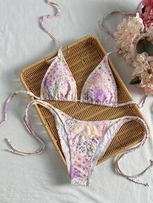 Swim Vcay 2026春夏白色底粉色與紫色花卉細肩帶掛脖綁帶側綁高衩綁繩比基尼丁字褲泳衣兩件套 女款度假用 - 彩色 - 查看 2