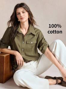 BizChic Short Sleeve Adjustable Shirt, Business Formal, Vacation Style, Slouchy, Commute, Daily, Office, Travel, Summer, Autumn, Halloween, Olive Green - Army Green - View 6