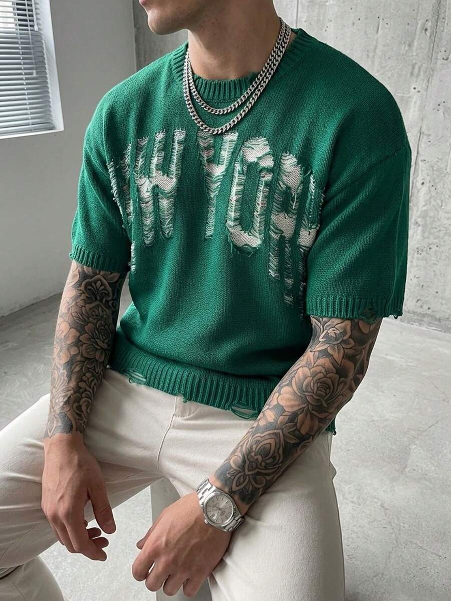 Manfinity Roghcode Camiseta de punto de manga corta con letras desgastadas para hombre - Verde Oscuro - Ver 1