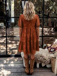 LanaWest Gaun Wanita Chiffon Jacquard dengan Rumbai, Liontin Tali, Lapisan Bawah Bergelombang, Gaya Boneka, Cocok untuk Sehari-hari, Liburan, Santai, Perjalanan, dan Kencan. - Rust Brown - View 2