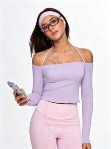 Eassivo Eassivo 女款舒適極簡純色長袖露肩運動T恤瑜伽服 - 淡紫色 - 查看 7