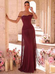 Glamrae Elegant Burgundy High-Stretch Mesh Cold Shoulder Rope Trim Asymmetric 2 In 1 Tassel Detail Bodycon Dress Formal Party Prom Women's Winter Wedding - Burgundy - View 1