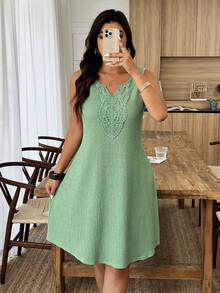 Weeklong Women's Plus Size Spring/Summer Casual Elegant Sleeveless Cutout Neckline Lace Trim Short Dress Wedding Guest Vacation Evening Formal Sage Green - Green - View 4