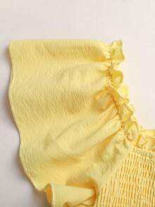 SHEIN 青少年女孩休閒度假風奶油黃紋理方領荷葉袖層次荷葉邊A字洋裝 - 黃色 - 查看 6