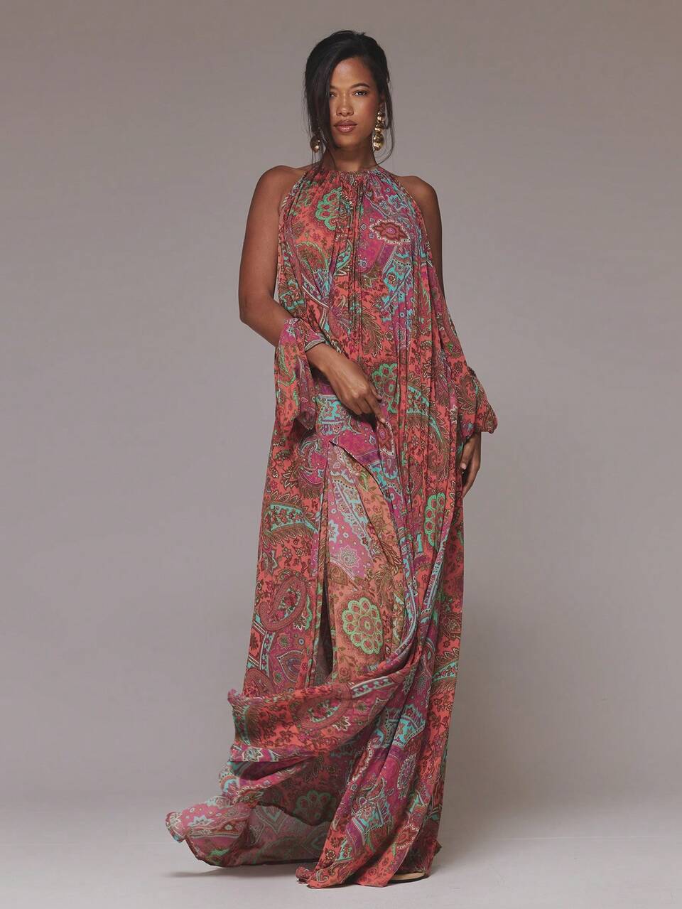 Paisley Pleated High Neck Long Sleeve Maxi Dress