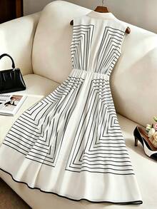 SHEIN LUNE Women's Apricot Geometric Striped Sleeveless Shirt Dress, Belted Waist A-Line Midi Dress, Elegant Casual Dress For Work, Vacation & Party - Multicolor - View 2