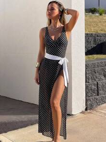 Swim Oasis 2026 Spring Summer Black And White Polka Dot Printed Patchwork One-Piece Set Casual Vintage Elegant Vacation Beach Seaside Outfit For Women - Multicolor - View 4