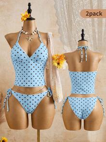 Swim Mod Summer Sweet Cherry Plaid Tank Bikini Set - Mint Green - View 9
