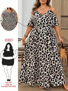SHEIN CURVE+ 22號大尺碼女款音樂節海灘度假波希米亞風休閒度假洋裝，夏季純色露肩高開衩下擺綁腰設計 - 棕色 - 查看 8