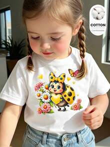 Baby Girl Cute Cartoon Yellow Ladybug Flower Heart Butterfly Polka Dot Bow Pattern Printed Basic Traceable Cotton White Short T-Shirt, Daily Wear - White - View 4