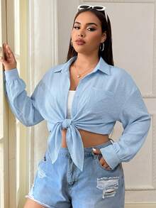 SHEIN EZwear 大尺碼女款素色紋理寬鬆版型單個方胸前口袋落肩長袖襯衫 - 淺藍色 - 查看 4