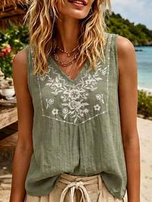 SHEIN Holidaya Áo tank top nữ thêu dày màu trơn phong cách thường ngày cho mùa hè - xanh quân đội - Xem 1