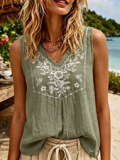 SHEIN Holidaya Solid Color Casual Boho Women's Heavy Embroidery Tank Top Shirt Summer Beach Green And White