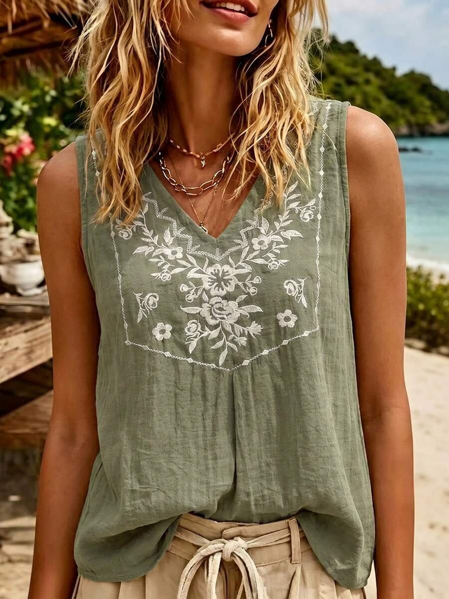 SHEIN Holidaya Áo tank top nữ thêu dày màu trơn phong cách thường ngày cho mùa hè - xanh quân đội - Xem 1