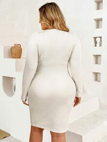 Plussiva Plus Size Maternity Solid Color Round Neck Long Sleeve Waist Tie Slim Fit Dress Baby Shower White Autumn Photoshoot Fall - White - View 4