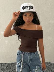 Coolane Kids Camiseta corta ajustada de hombros descubiertos de color liso para niña preadolescente en verano - Café integral - Ver 4