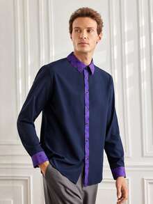Officeau Men's Black & Purple Crossover Print Long Sleeve Dress Shirt, For Business Casual/ Commuting, Gift For Father/ Husband - Purple - View 6