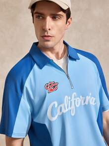 Polo de manga corta casual con media cremallera y estampado de letras de color contrastante para hombres - Azul - Ver 5