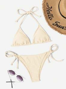 Swim Vcay Women's Solid Color Ruched Halter Tie Sexy Bikini Two-Piece Swimsuit Set - Beige - View 1