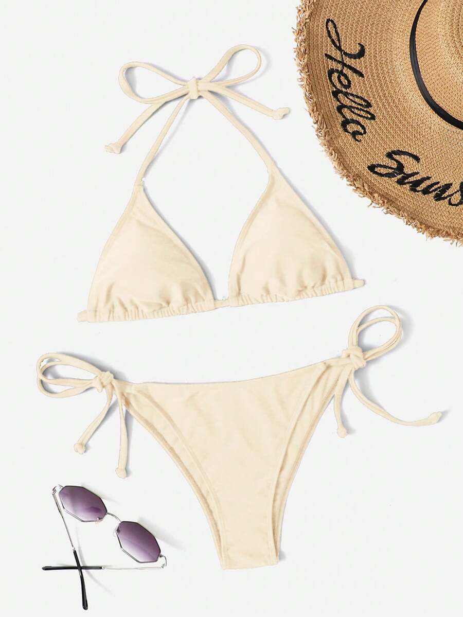 Swim Vcay Women's Solid Color Ruched Halter Tie Sexy Bikini Two-Piece Swimsuit Set - Beige - View 1