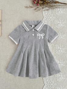 SHEIN 女嬰白色休閒洋裝，單件，羅紋領口，羅紋袖口，適合居家、休閒、外出、運動、派對 - 灰色 - 查看 3