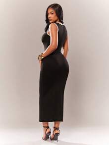 Radiana Women's New Classic Sexy Vintage Elegant Minimalist Fitted Sleeveless Black And White Checkered Trim Bodycon Dress Casual Night Out Club Summer - Black and White - View 3