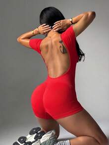 Rhythm Era Women's Plus Size Solid Color Backless Athletic Romper - Red - View 5