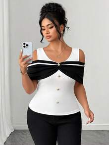 Elenzga Plus Size Women's Elegant Color Block Off-Shoulder Black & White Striped Elastic Fitted Top, Black & White Top, Party Dress, Spring/Summer Top, Beach Wear, Elegant Party Top, Casual Top, Wedding Guest Top, Women's Luxury Evening Gown, Women's Vacation Wear, Women's Graduation Top, Women's Birthday Top, Summer Holiday Wear, Women's Office Commute Wear, Women's Country Style - Black and White - View 7