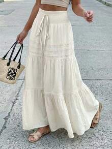 Jade & Ember Plus Size Vacation Style Tie-Front Ruffle Patchwork A-Line Long Skirt White Summer Boho Bohemian - Apricot - View 2