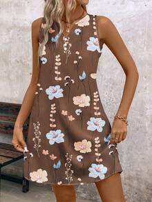 EMERY ROSE Women's Fashion Printed Sleeveless Dress (Asymmetric Floral Pattern) - Khaki - View 7