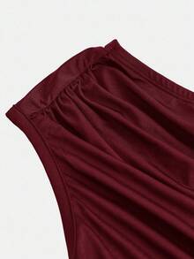 SHEIN 青少年女孩休闲优雅不对称领口褶饰腰部紧身针织长裙，适合万圣节派对、返校装、聚会，酒红色 - 酒紅色 - 查看 4