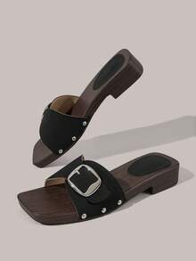 Styleloop Sandales plates pour femmes, sandales d'été à bout ouvert, style bohème, sandales de vacances, chaussons à semelle souple - Tissu noir - Voir 2