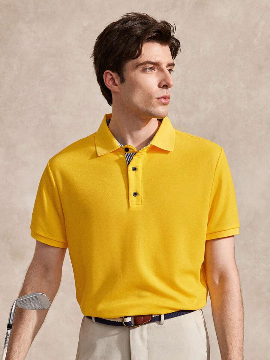 Courvante Golf Men's Summer Casual Half-Button Short Sleeve Polo Formal Shirt, Ceremony - Yellow - View 1