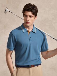 Courvante Men's Summer Casual Contrast Trim Button Placket Short Sleeve Polo Shirt For Men Collar - Blue - View 8