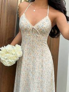 Sunnyshic 女款春夏杏色花卉蕾絲飾邊拼接V領掛脖綁帶露背收腰A字長洋裝，甜美浪漫可愛百搭，適合度假、海灘、親戚婚禮季、購物、約會、日常通勤 - 杏色 - 查看 4