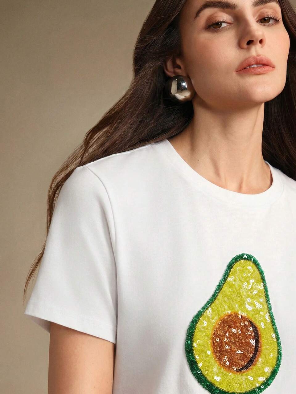 Women's Elegant Minimalist Top, Summer Playful Avocado Applique Embroidery T-Shirt, 100% Cotton T-Shirt