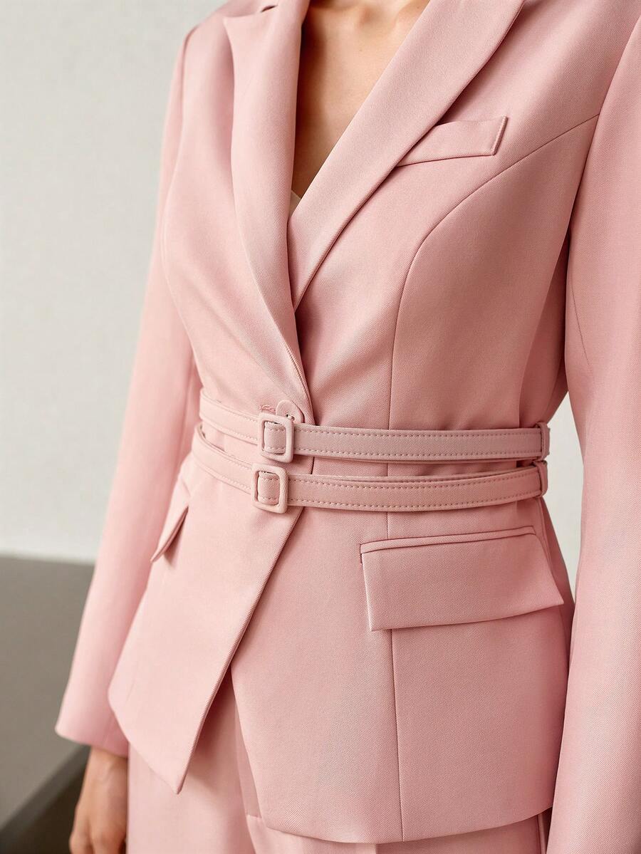 MOTF PREMIUM WOMEN'S SOLID COLOR DOUBLE BELT SLIM FIT COMMUTER JACKET AND PANTS 2 PIECES SET