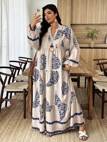 Weeklong Apricot Plus-Size Maxi Dress - Blue Paisley Bohemian Print, Long-Sleeve Multi-Layer Paneled, Women's Spring & Summer Dress - Multicolor - View 5