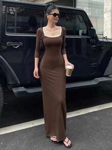 DAZY Women's Elegant Commute Slim Fit Long Dress Summer - Brown - View 1