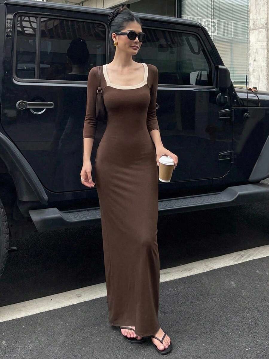 DAZY Women's Elegant Commute Slim Fit Long Dress Summer - Brown - View 1