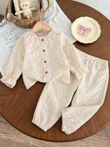 SHEIN Vintaside Kids 嬰兒/幼兒(女童)上衣套裝，花卉長袖秋季服飾 - 卡其色 - 查看 6