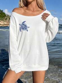 SHEIN EZwear 女款露肩寬鬆休閒長袖海龜印花圖案運動衫 - 白色 - 查看 3