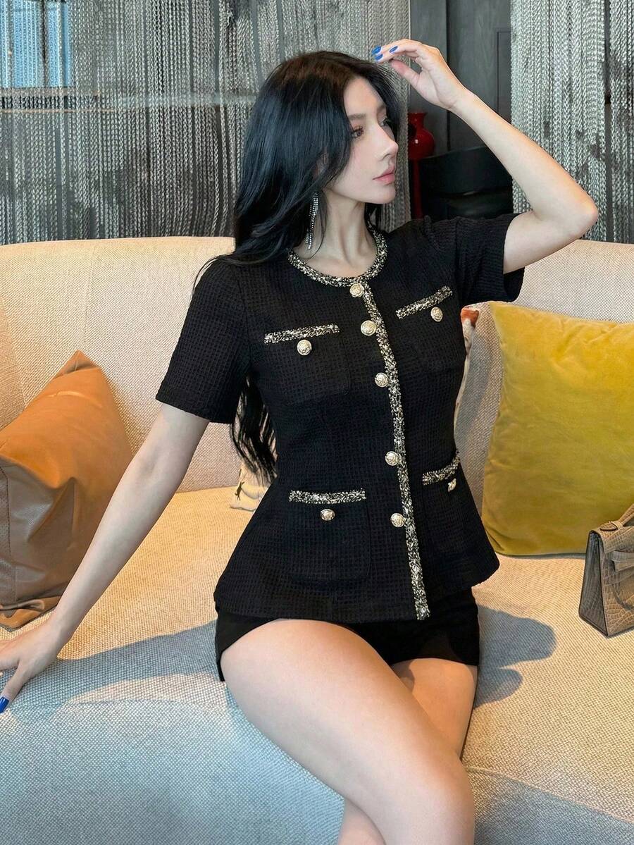 DAZY Women's Lace Patchwork Fitted Square Neck Long Sleeve Ruffle Hem Elegant Blouse, Autumn/Winter Cute Tops Summer - Black - View 1