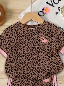 Girls' Leopard Print 2-Piece Set, Brown & Black Leopard With Pink Contrast Print Trim, Dachshund Print On Chest And Pants, Sweet & Cool Playful Style. Soft & Breathable Fabric, Suitable For Daily School, Outings, Parties, Top & Shorts Can Be Separated And Mixed & Matched For Easy Outfit Changes. - Multicolor - View 5