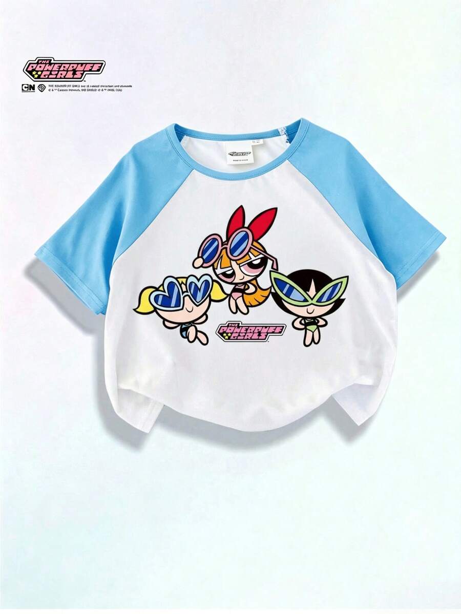 Maija Kids THE POWERPUFF GIRLS X SHEIN Maija Kids Tween女孩休閒卡通圖案極簡短袖高腰插肩袖T恤,適合夏季 - 彩色 - 查看 1