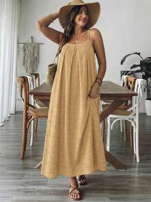 SHEIN LUNE 大尺碼女款純色口袋休閒日常穿著細肩帶洋裝 - 杏色 - 查看 8