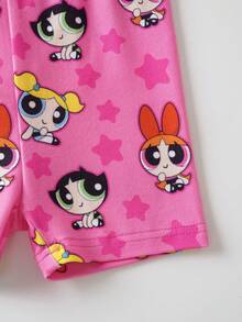 THE POWERPUFF GIRLS X SHEIN 女嬰卡通印花T恤短褲套裝 - 粉色 - 查看 6