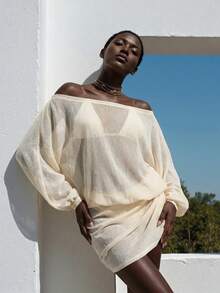 SHEIN Women's Solid Color Off-Shoulder Long Sleeve Pleated Coverup Dress, Vacation Beach Summer - Apricot - View 5
